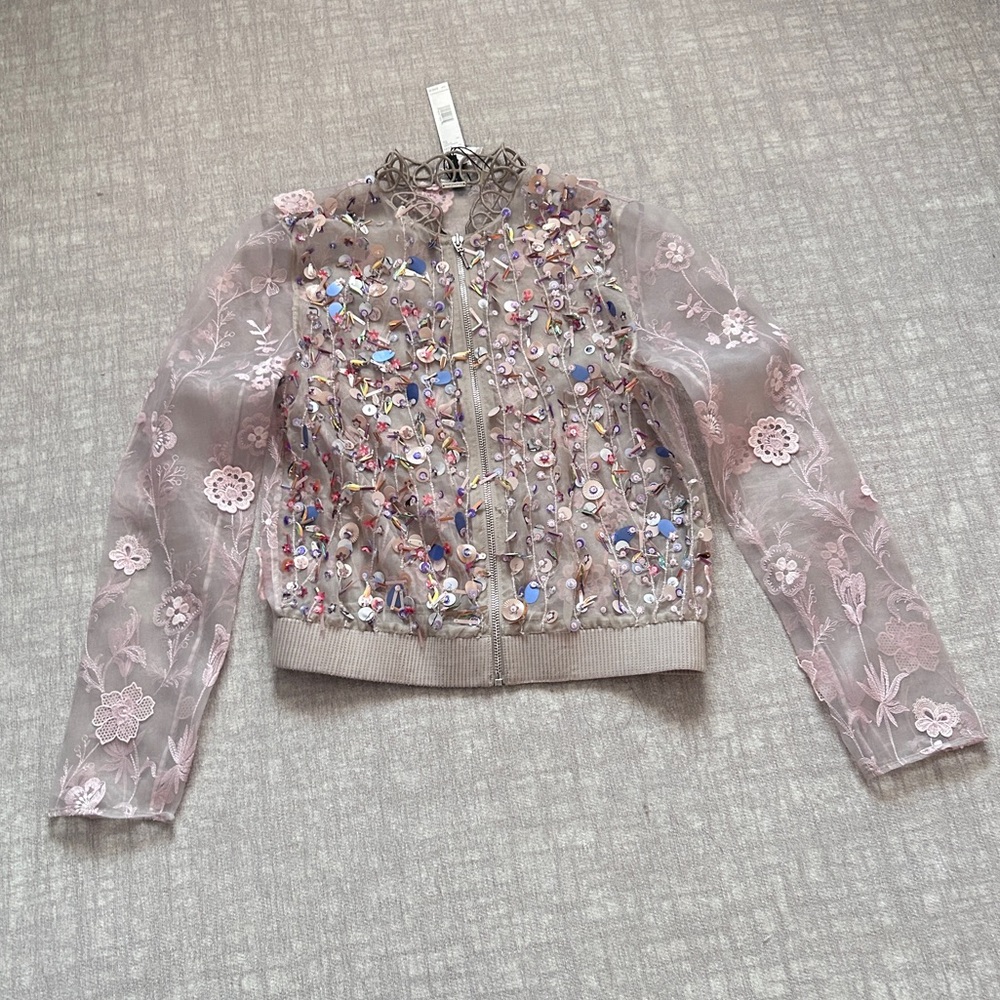 Elie Tahari Floral Embellished Sheer Bomber Jacket in Size XS